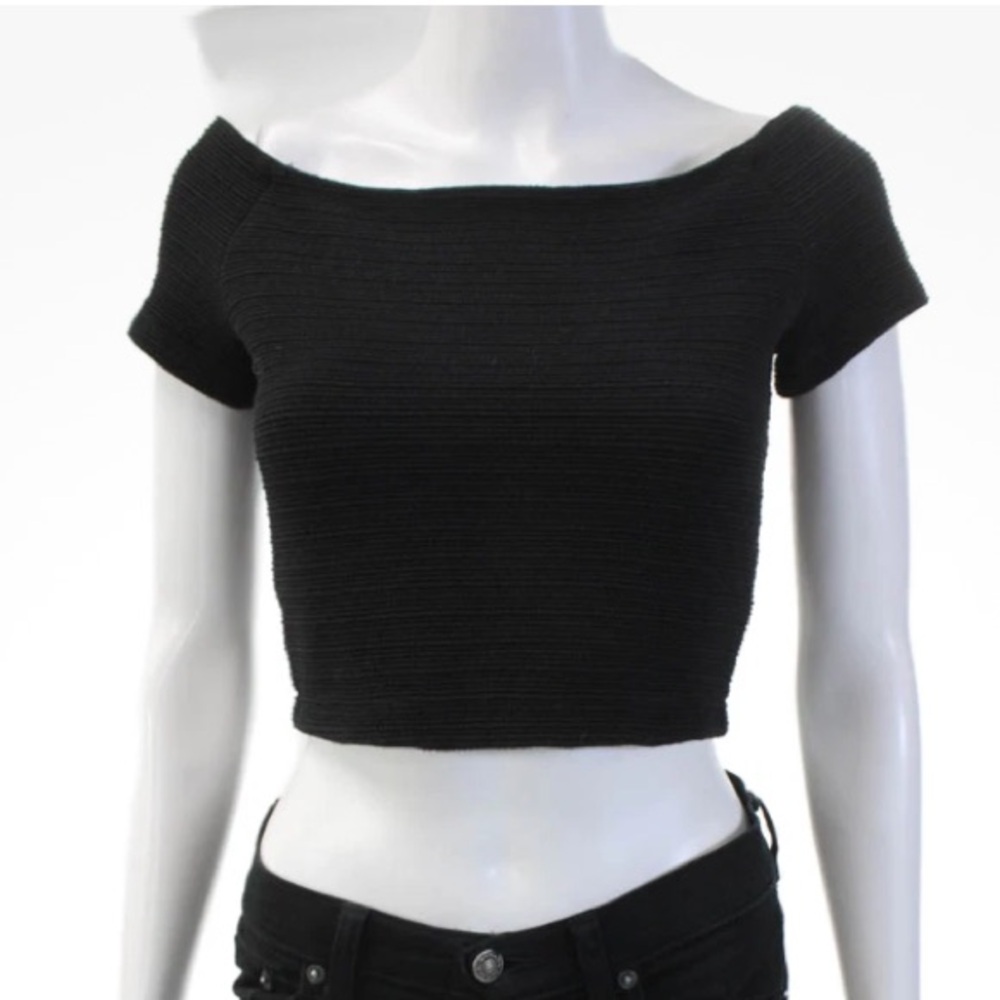 Alice + Olivia Womens Textured Short Sleeve Off Shoulder Crop Top Black Size 4